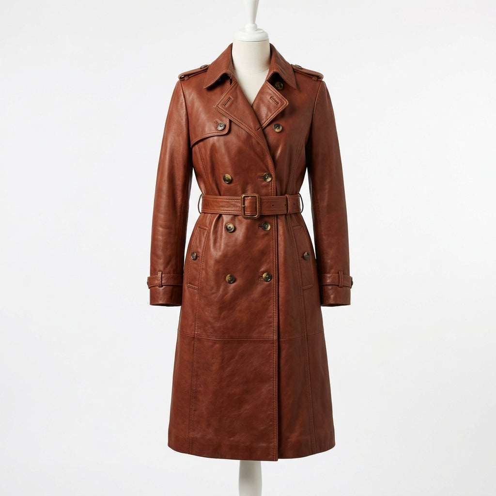Womens Premium Lambskin Cognac Heritage Vintage Brown Trench Coat | Aged Beauty |  Vintage Luxury Fashion