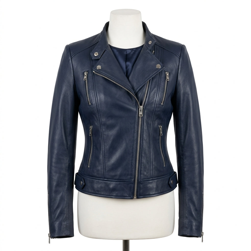 Womens Premium Lambskin Navy Blue Contemporary Power Biker Jacket | Deep Blue |  Power Motorcycle Fashion