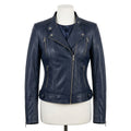 Womens Premium Lambskin Navy Blue Contemporary Power Biker Jacket | Deep Blue |  Power Motorcycle Fashion