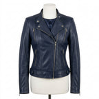 Womens Premium Lambskin Navy Blue Contemporary Power Biker Jacket | Deep Blue |  Power Motorcycle Fashion