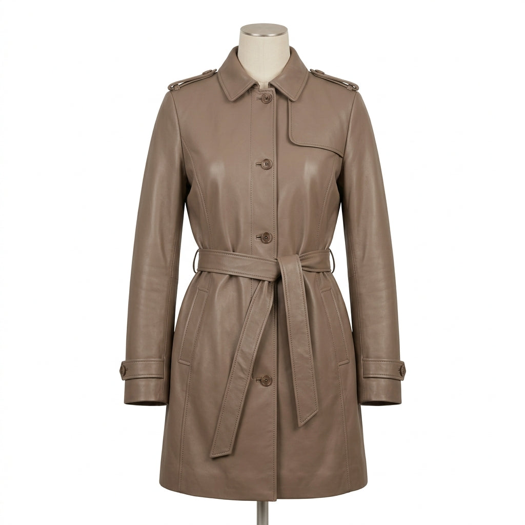 Womens Premium Lambskin Taupe Neutral Sophisticated Brown Trench Coat | Elegant  Neutral | Minimalist Luxury Fashion