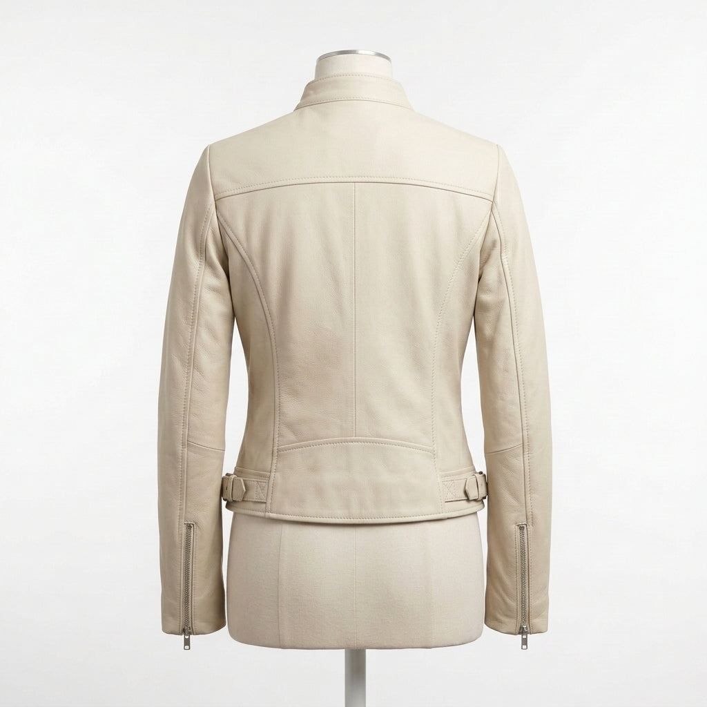 Womens Premium Lambskin Cream White Modern Minimal Biker Jacket | Contemporary  White | Modern Motorcycle Fashion