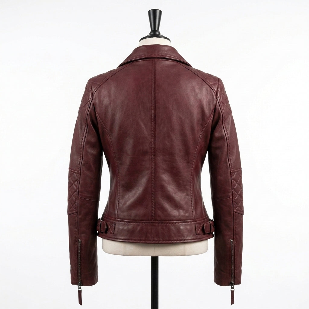 Womens Premium Lambskin Deep Burgundy Romantic Biker Jacket | Rich Wine Color |  Feminine Romantic Motorcycle