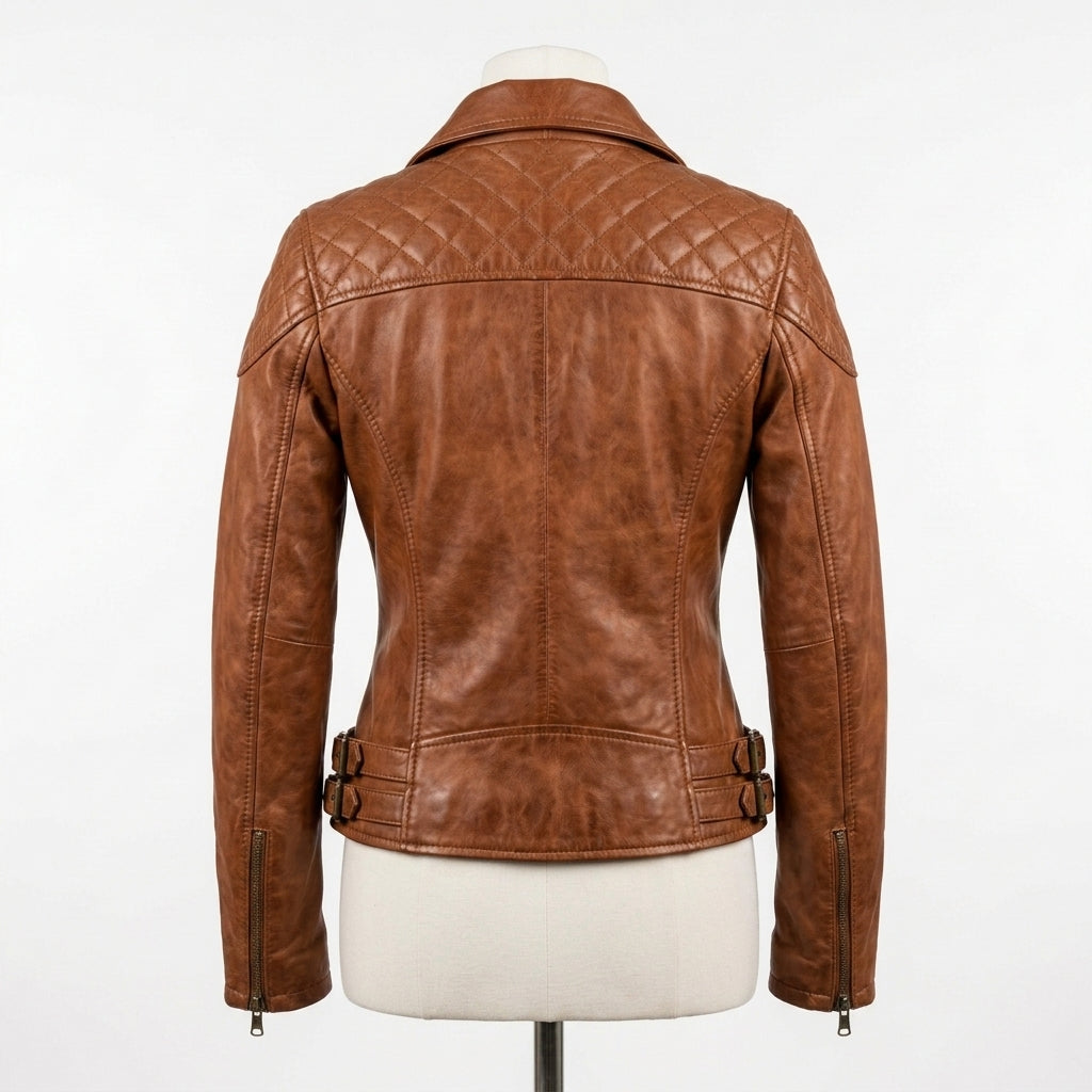 Womens Premium Lambskin Rich Cognac Heritage Biker Jacket | Warm Brown Vintage |  Authentic Motorcycle Fashion