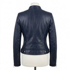 Womens Premium Lambskin Navy Blue Contemporary Power Biker Jacket | Deep Blue |  Power Motorcycle Fashion