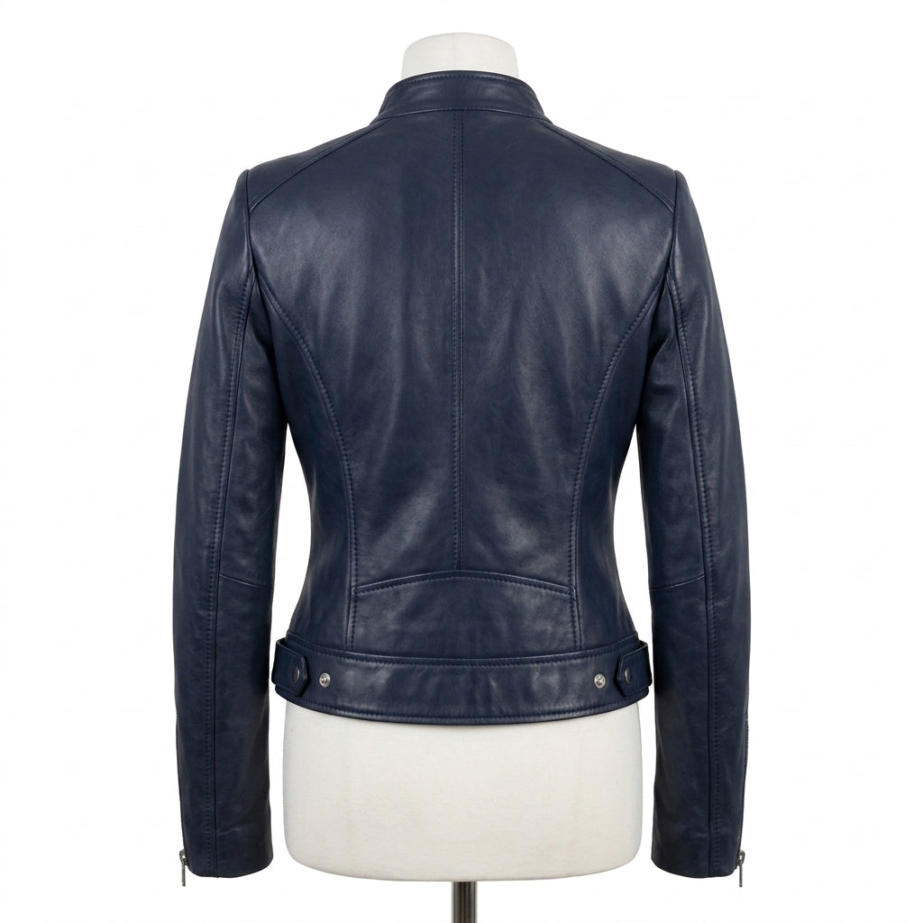 Womens Premium Lambskin Navy Blue Contemporary Power Biker Jacket | Deep Blue |  Power Motorcycle Fashion