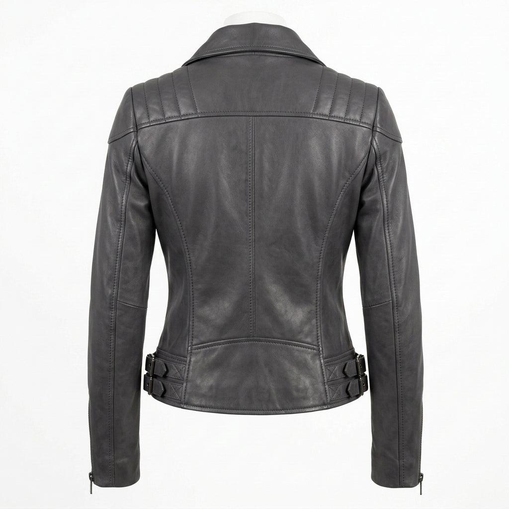 Womens Premium Lambskin Charcoal Grey Sophisticated Biker Jacket | Deep Grey |  Sophisticated Minimalist Motorcycle Fashion